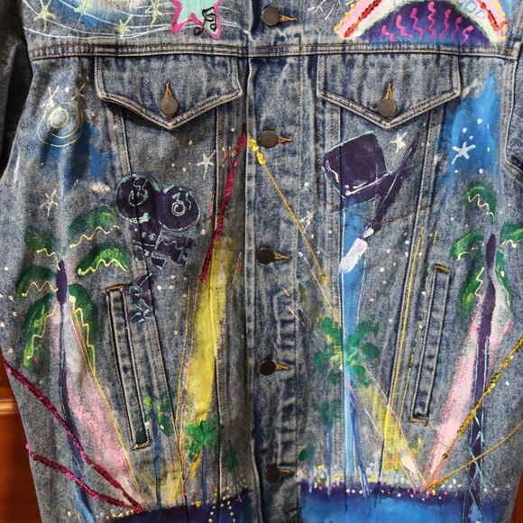 Vintage 80s Sport Deco Hand Painted Hollywood Denim Jacket Sequins Medium - Picture 4 of 16